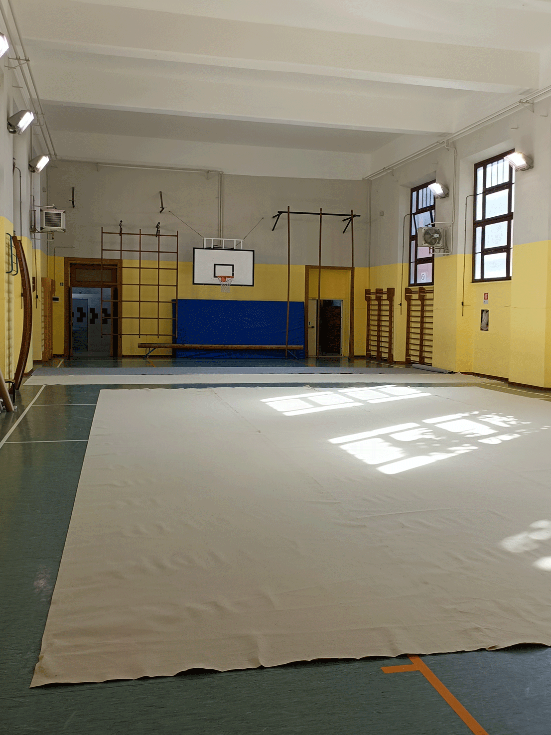 Palestra scolastica interna con spalliere e canestro.