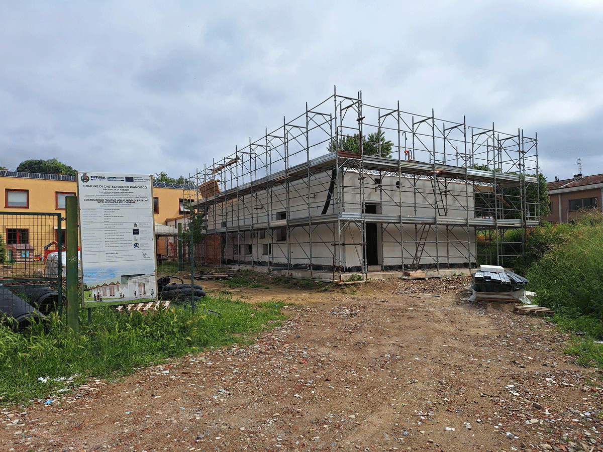 Cantiere del nuovo asilo nido a Faella circondato da ponteggi con cartello dei lavori in evidenza.